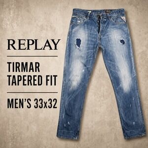 Replay Tirmar Tapered Fit Distressed‎ Blue Jeans Mens 33x32 Grunge Streetwear